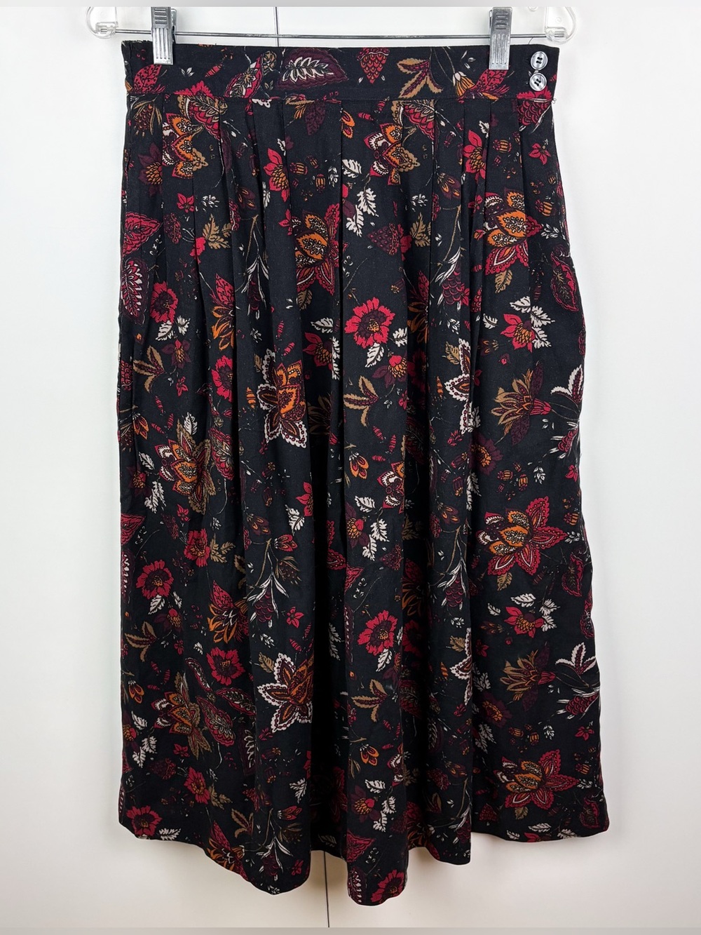 Vintage Orvis Dark Floral Pleated A Line Midi Skirt Black Red Whimsigoth Boho